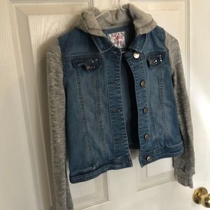 Justice girls denim & gray cuffed sweatshirt mixed medium hoodie (size8/10)